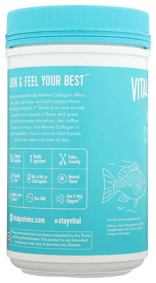 Vital Proteins Marine Collagen scoop next to jar for quick mixing.