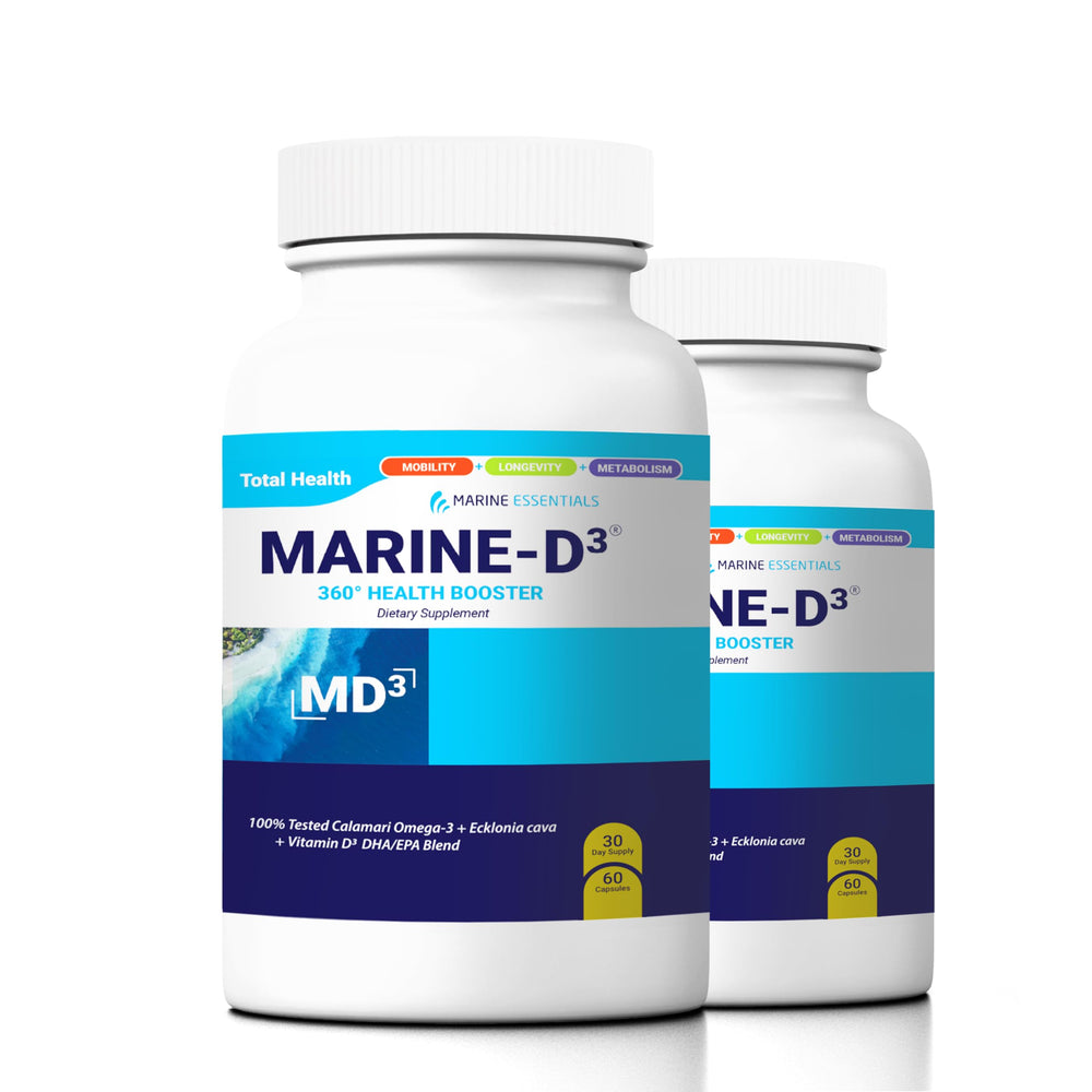 Marine Essentials Marine D3 Omega-3 Calamari bottle with label promoting brain health