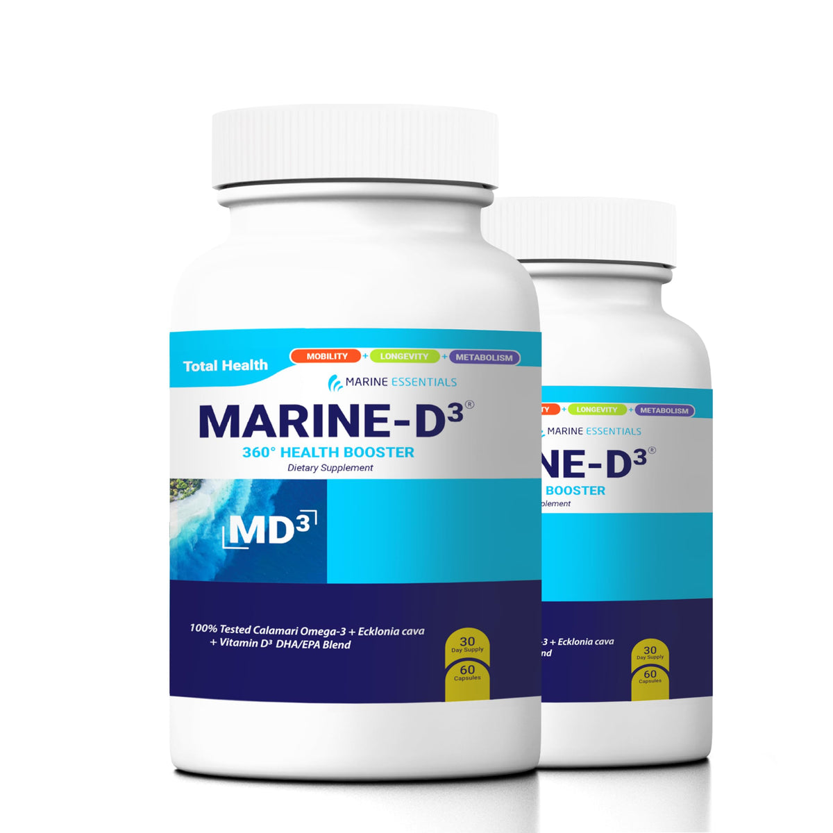 Marine Essentials Marine D3 Omega-3 Calamari bottle with label promoting brain health