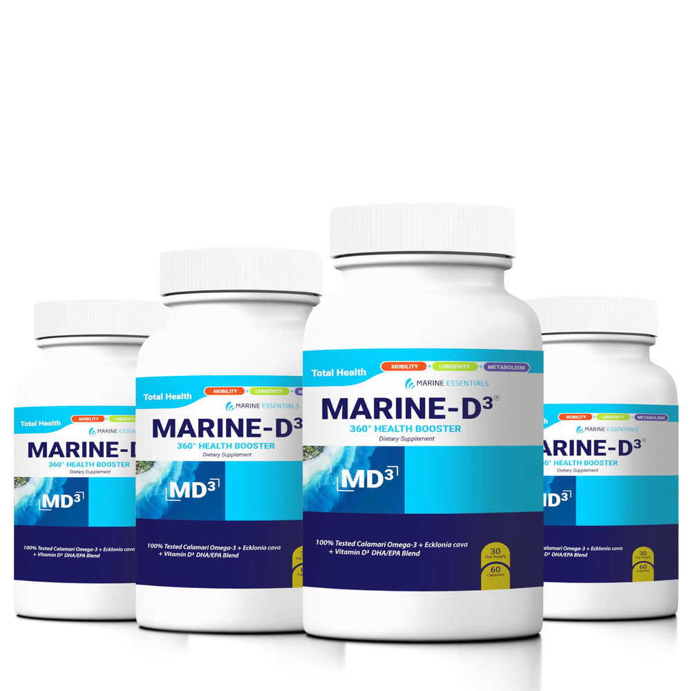 Marine Essentials Marine D3 Omega-3 Calamari DHA bottle for convenient daily wellness support.