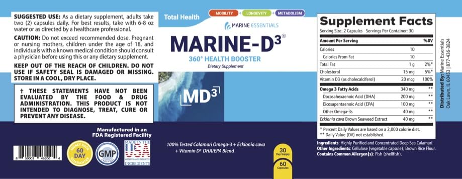 Marine Essentials Marine D3 Omega-3 capsules highlighting calamari DHA for brain and overall wellness.