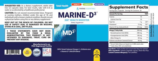 Marine Essentials Marine D3 Omega-3 capsules highlighting calamari DHA for brain and overall wellness.