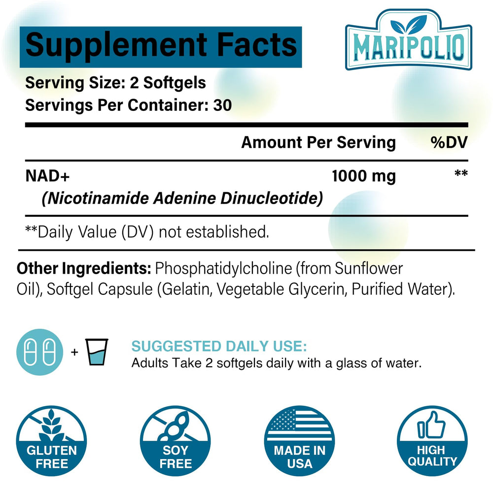 Maripolio Liposomal NAD+ softgels highlight enhanced bioavailability.