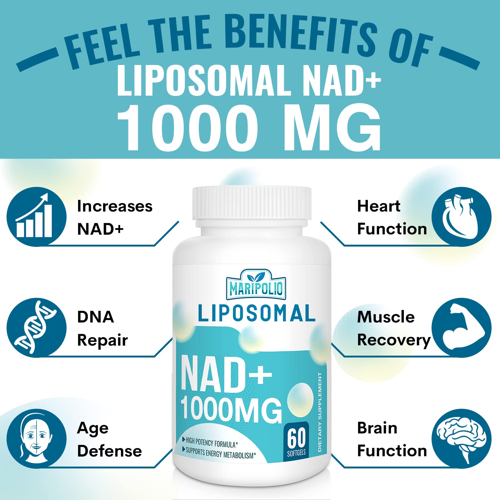Maripolio NAD+ label closeup showing potency and clean formula.