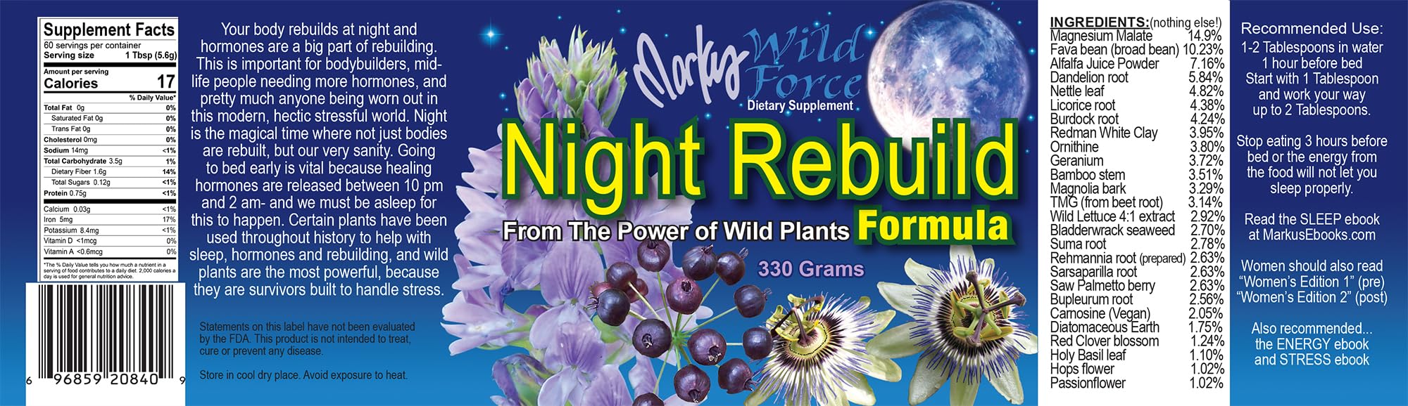 Markus Night Rebuild Powder ingredients image indicates natural geranium flavor.