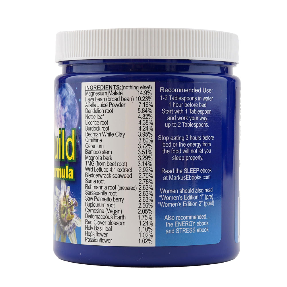 Markus Night Rebuild Powder label highlights hormone support benefits.