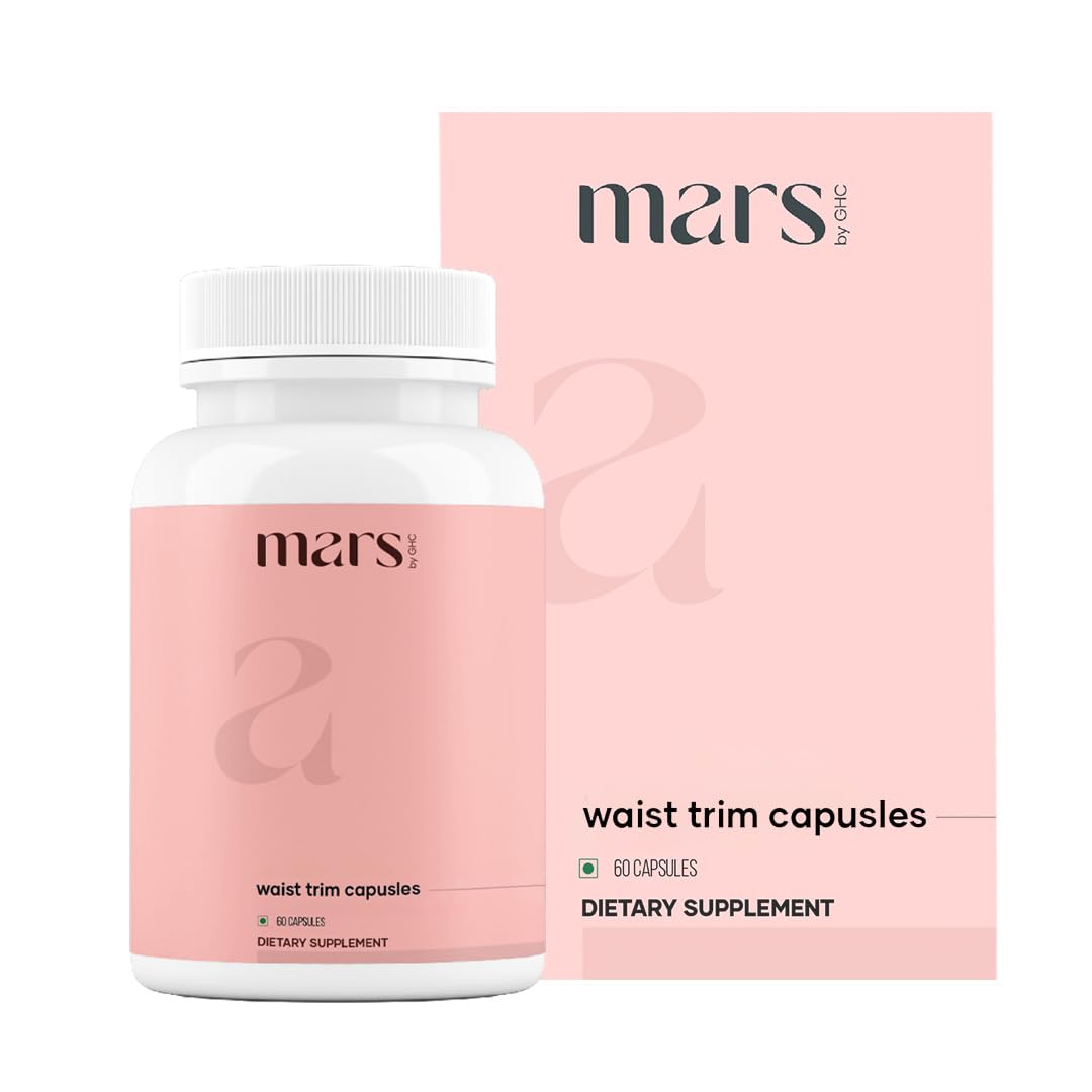 Mars by GHC waist trim bottle front view with capsules and digestion support.
