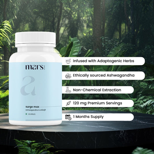 Mars GHC Surgemax bottle front label featuring shilajit and safed musli for natural vitality.