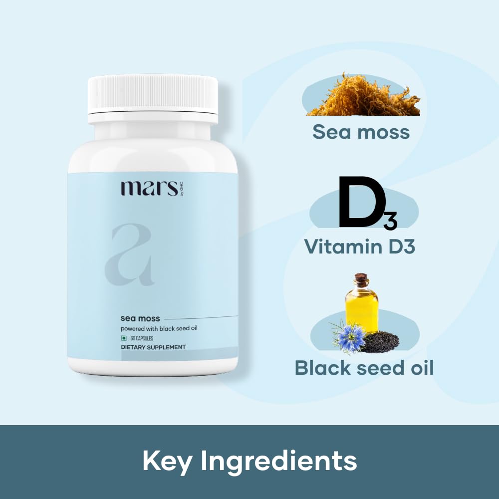 Mars Sea Moss Caps Surge black seed oil bottle emphasizes antioxidant-rich formulation.