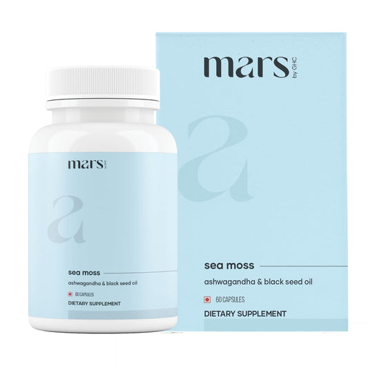 Mars Sea Moss Caps Surge ingredient panel highlights minerals and botanicals for daily vitality.