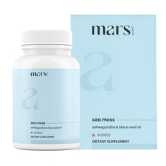 Mars Sea Moss Caps Surge ingredient panel highlights minerals and botanicals for daily vitality.