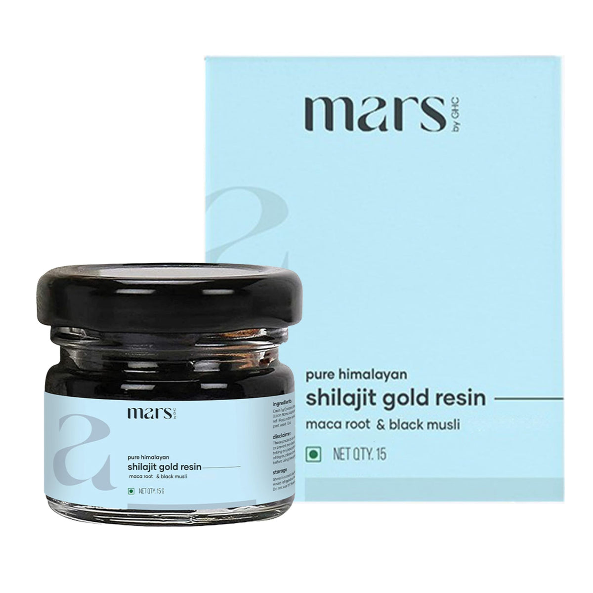 Mars Shilajit Gold resin 15g pack shot shows pure resin for daily wellness.