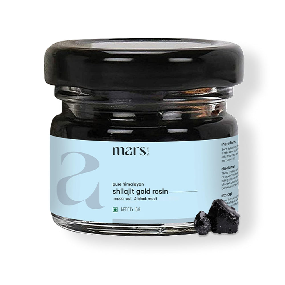 Mars Shilajit Gold resin amber closeup highlights rich, resinous texture for mindful routines.