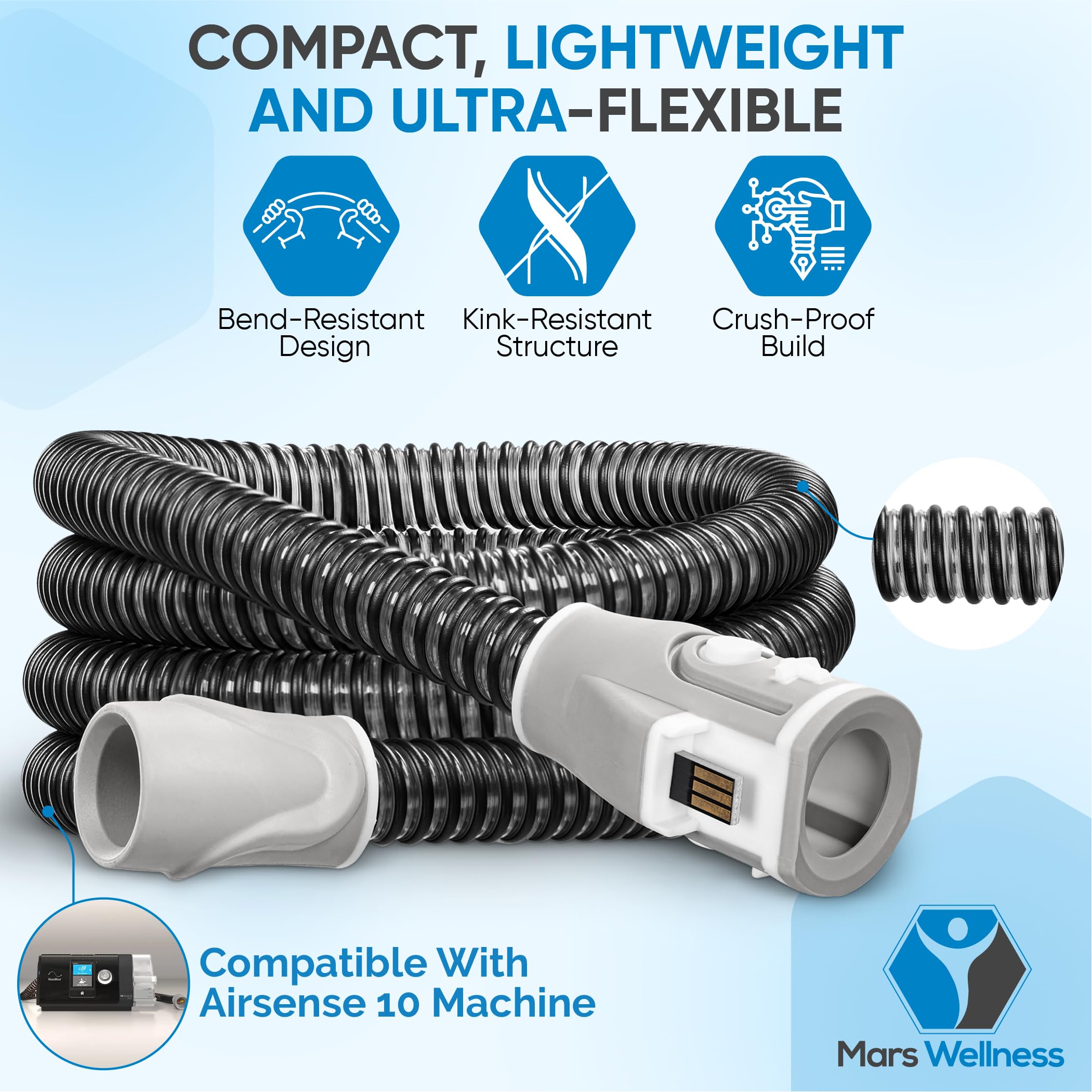 Mars Wellness 6-foot CPAP hose positioned for varied sleeping arrangements
