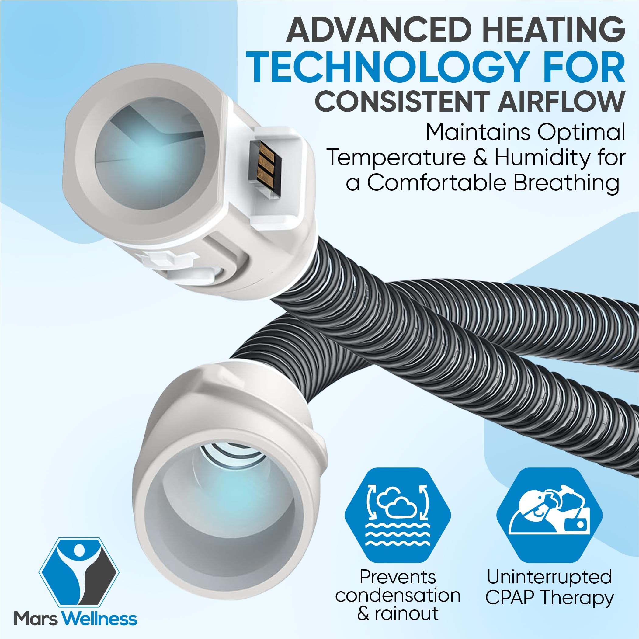 Mars Wellness CPAP heating tube highlighted for durability and easy maintenance