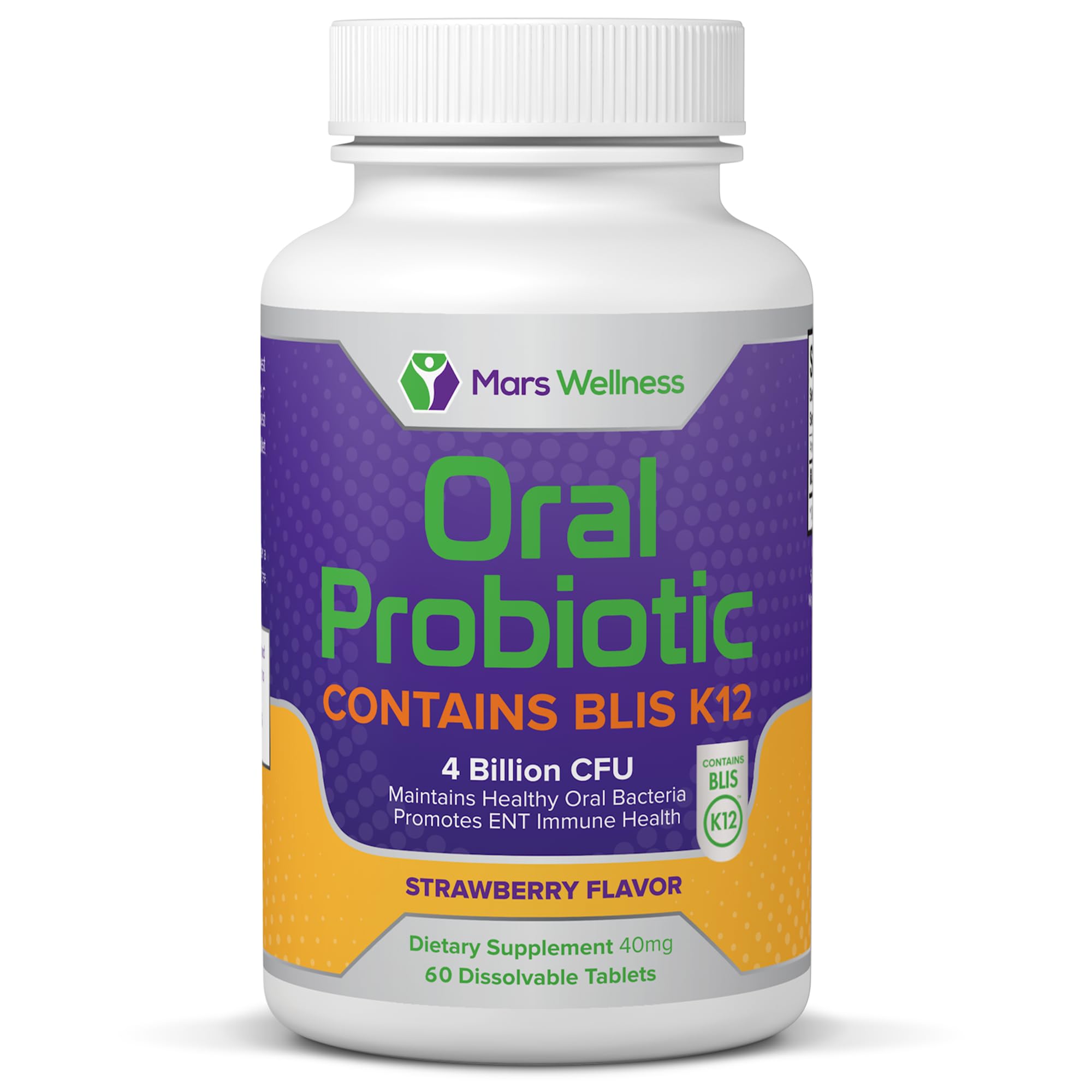 Mars Wellness oral probiotic bottle with BLIS K12 4B CFU for oral health.