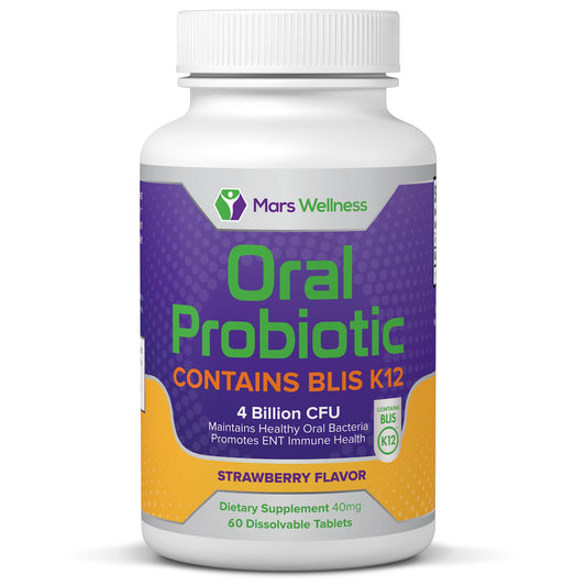Mars Wellness oral probiotic bottle with BLIS K12 4B CFU for oral health.