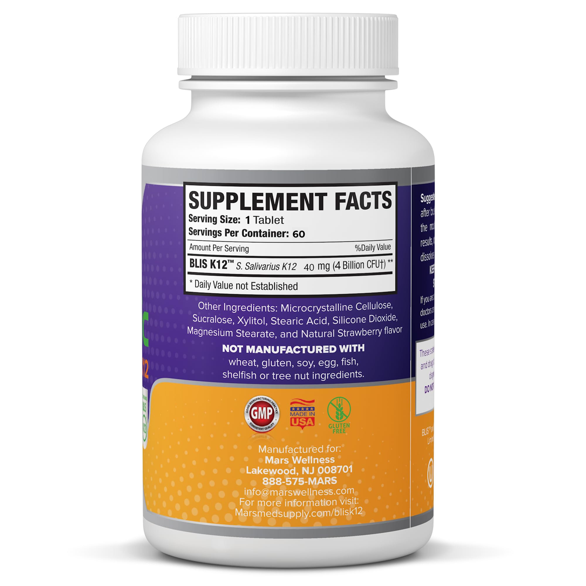Mars Wellness bottle side view highlights dairy-free, sugar-free formula for daily use.