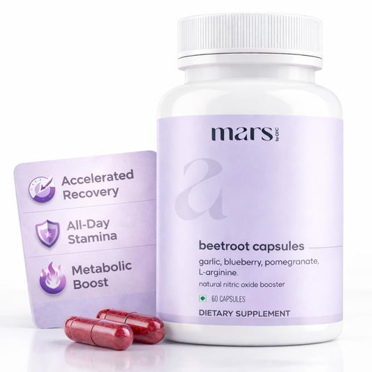 MarsbyGHC Natural Beetroot Capsules label highlighting clean plant-based formulation for daily wellness.