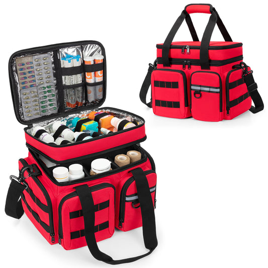 Marscamd medicine organizer bag front view with accessible compartments for bottles and pills.