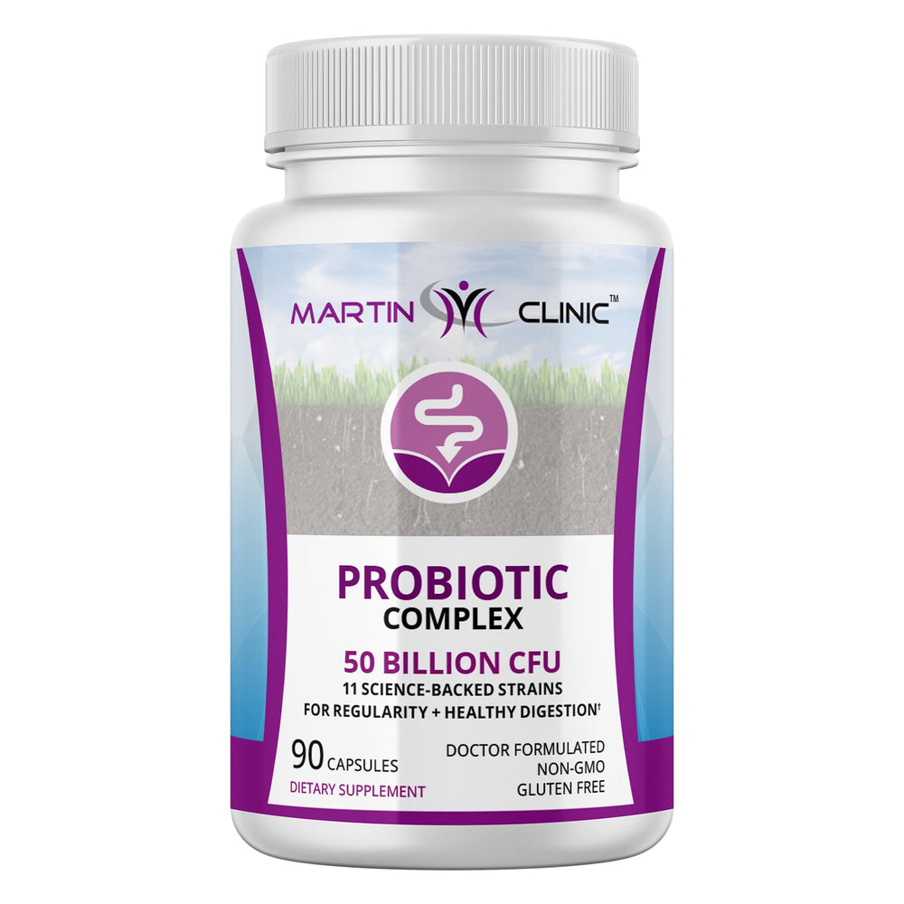 Martin Clinic Probiotic bottle front showing branding and design for daily gut balance