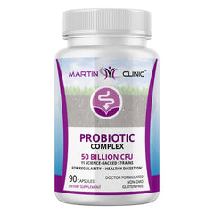 Martin Clinic Probiotic bottle front showing branding and design for daily gut balance