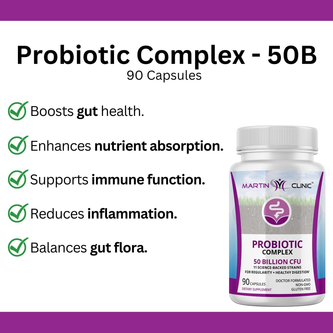 Martin Clinic Probiotic label closeup highlighting daily routine and ingredients