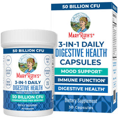 MaryRuth's 3-in-1 Probiotics bottle label highlights 23 strains for gut balance.