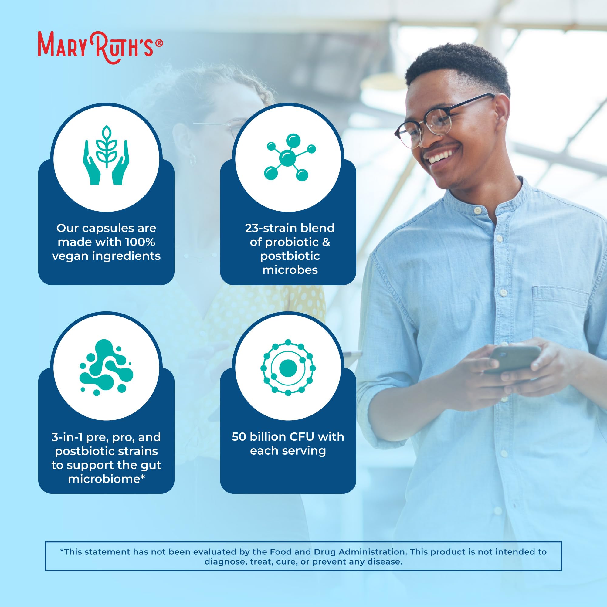 MaryRuth's 3-in-1 digestive health science graphic indicates 50B CFU per serving.
