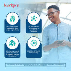 MaryRuth's 3-in-1 digestive health science graphic indicates 50B CFU per serving.