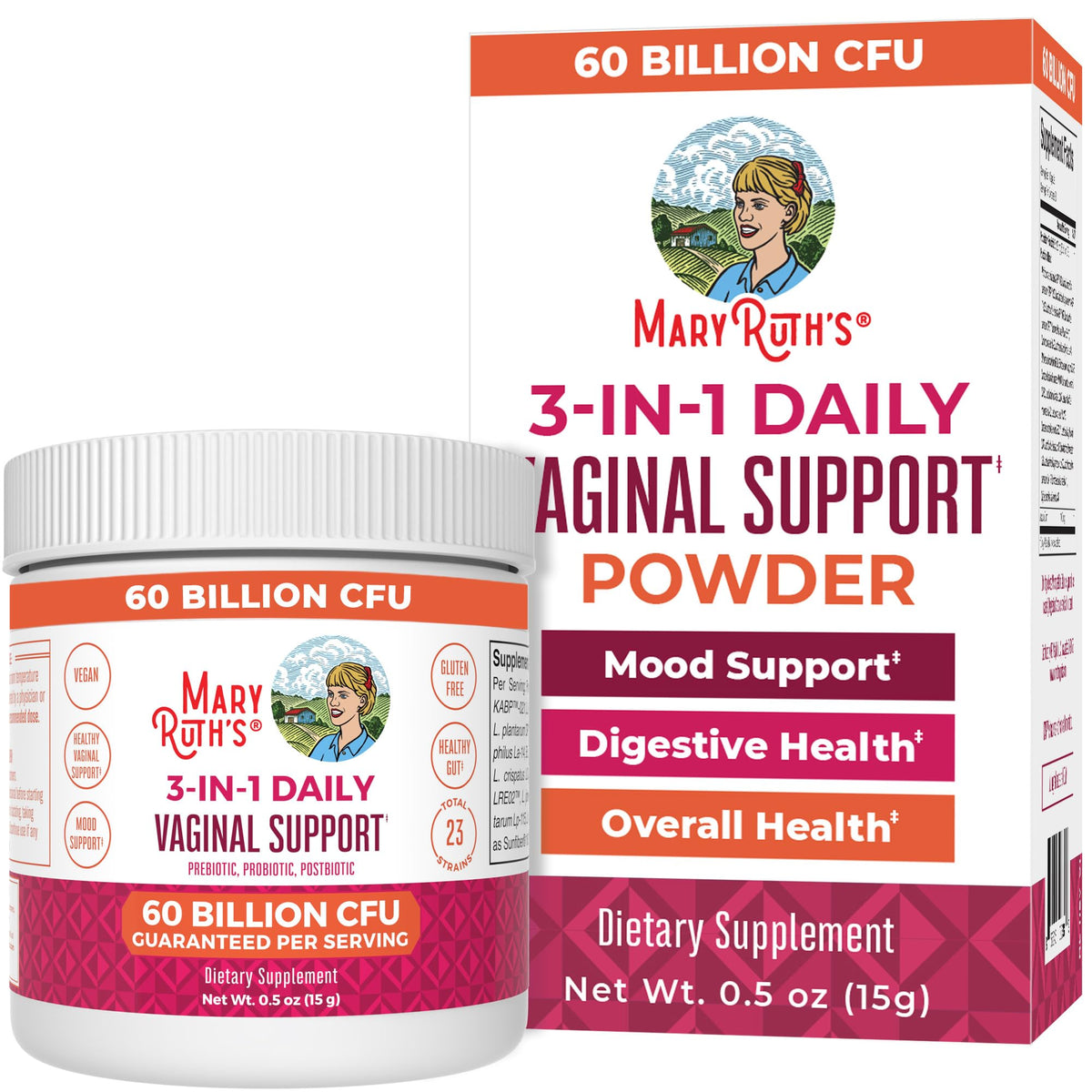MaryRuth's 3-in-1 probiotics bottle for daily vaginal and gut support.