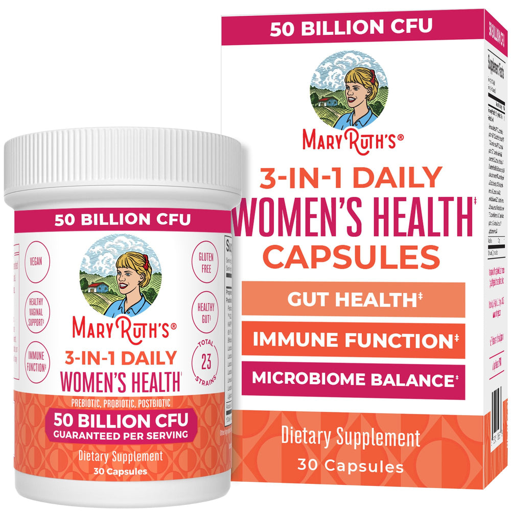 MaryRuth's 3-in-1 Daily Health Probiotics bottle front for easy daily gut and hormone support.