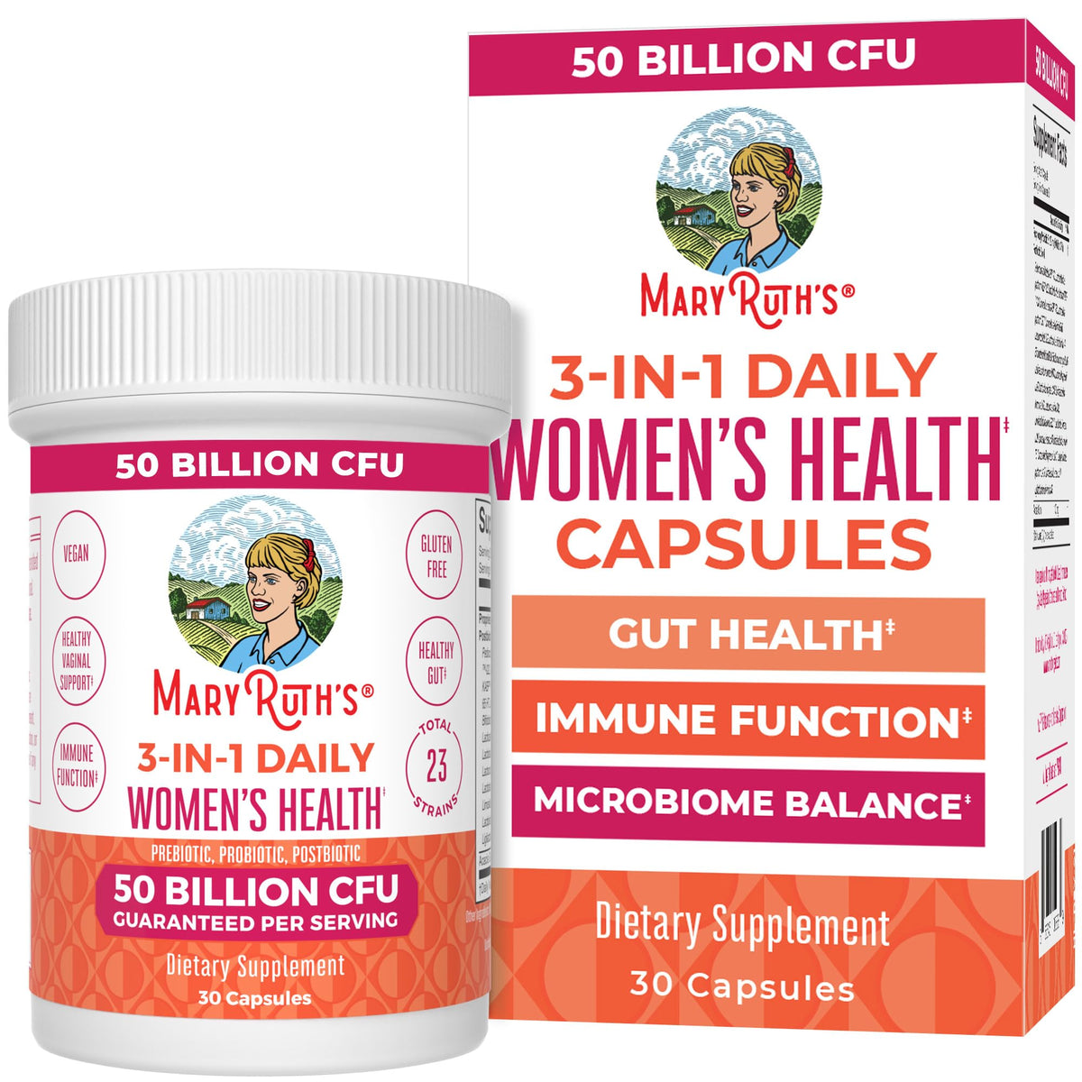 MaryRuth's 3-in-1 Daily Health Probiotics bottle front for easy daily gut and hormone support.