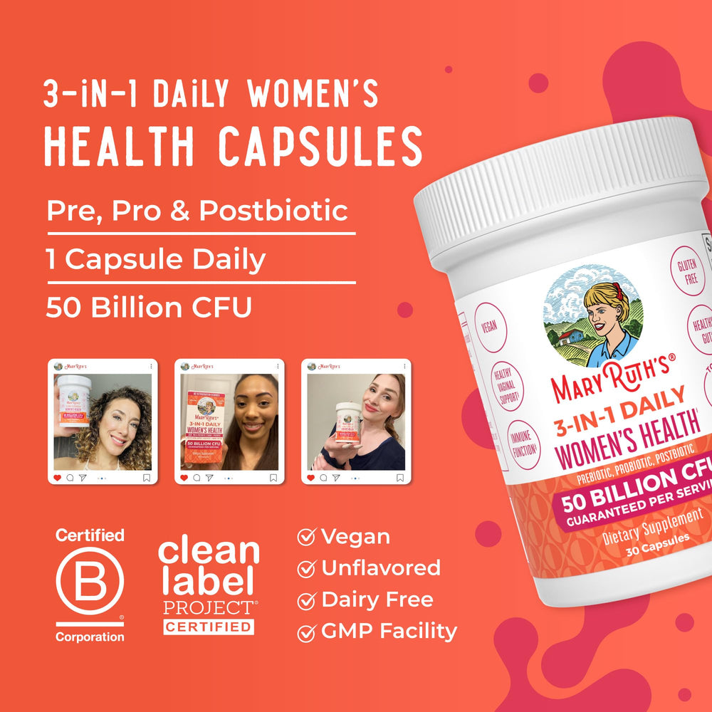 MaryRuth's shelf life on shelf image suggests long-lasting, shelf-stable probiotics.