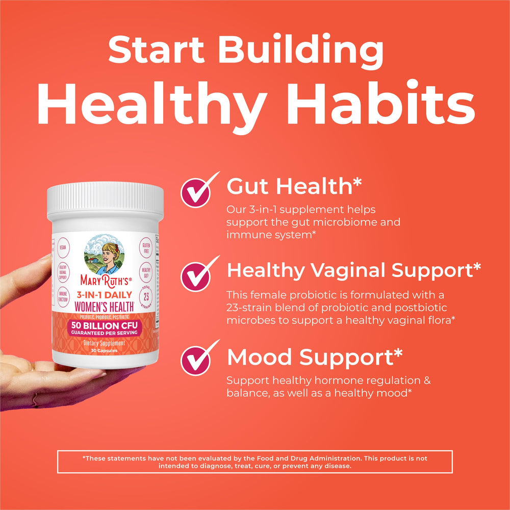 MaryRuth's vegan probiotic bottle highlights hormone balance support in daily routines.