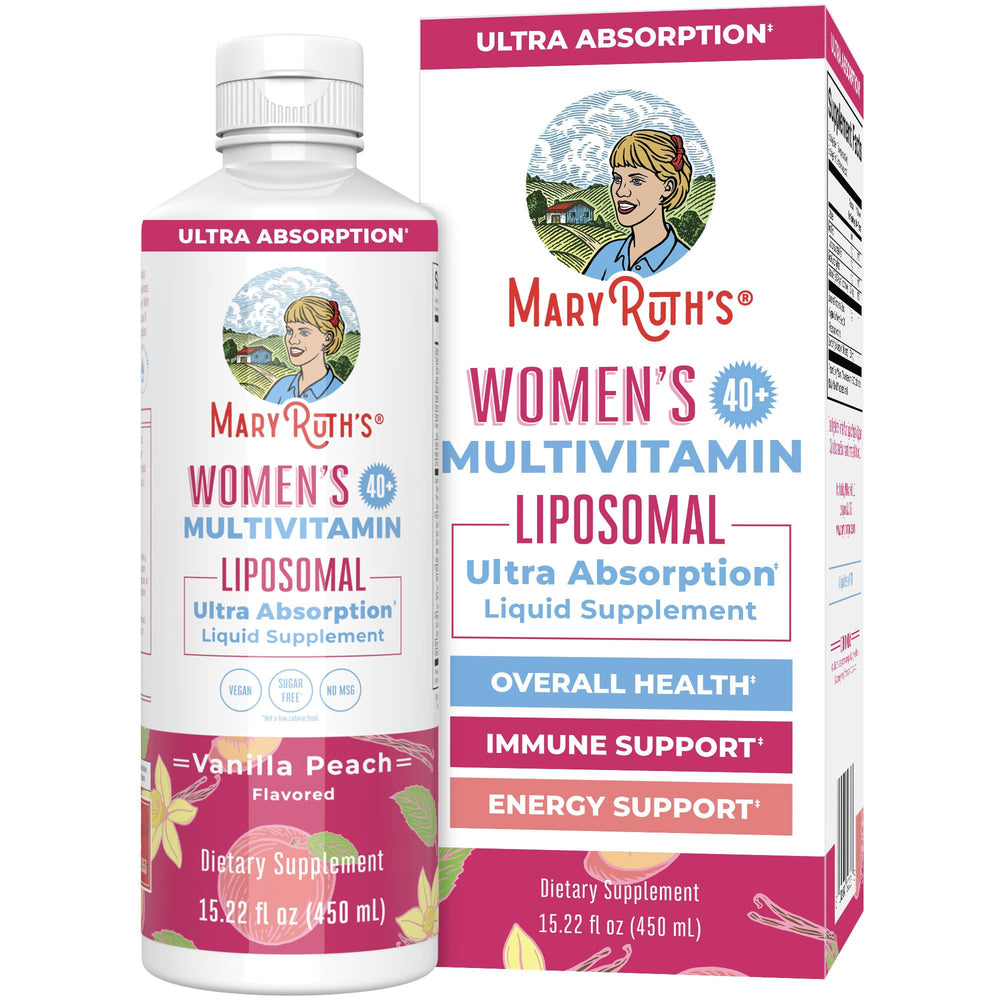 MaryRuth’s 40+ liposomal multivitamin bottle supports daily wellness with liquid delivery.