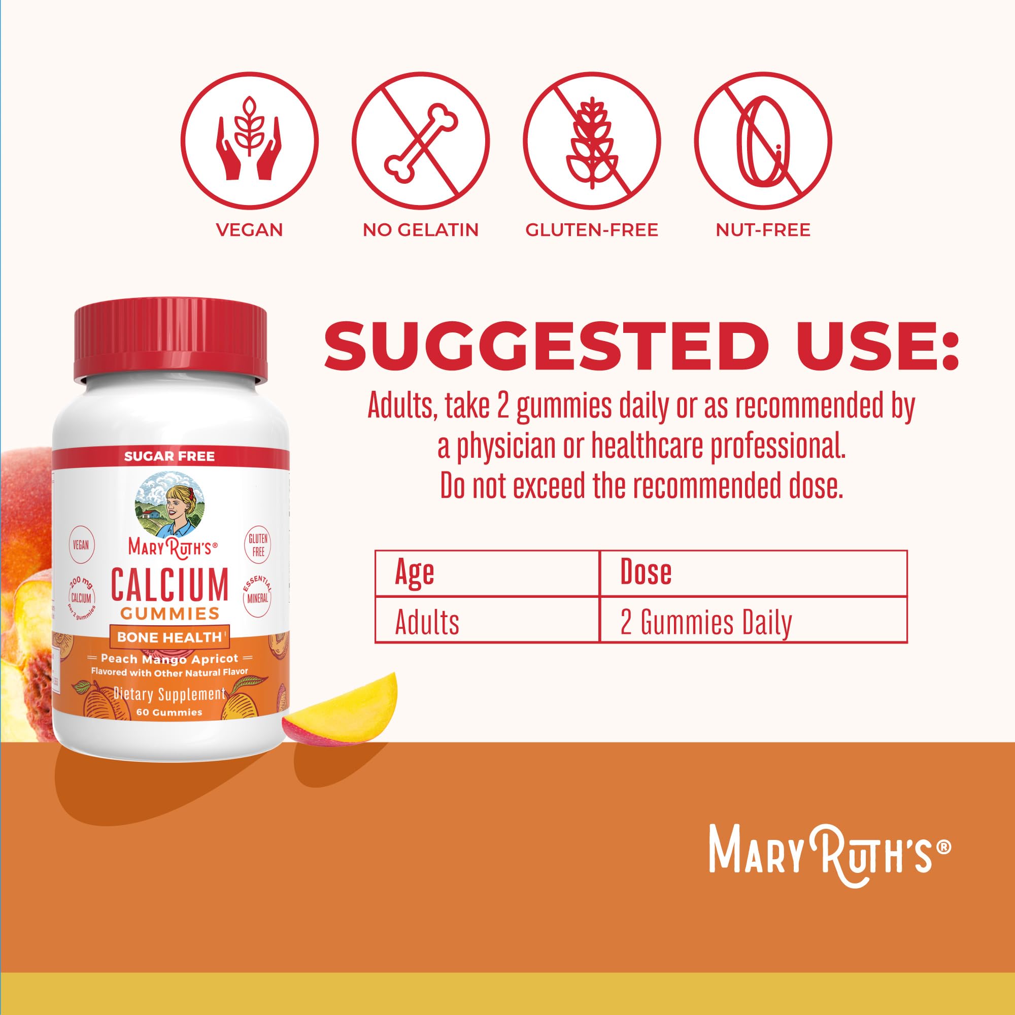 Two gummies serving size highlighting 200 mg calcium per day