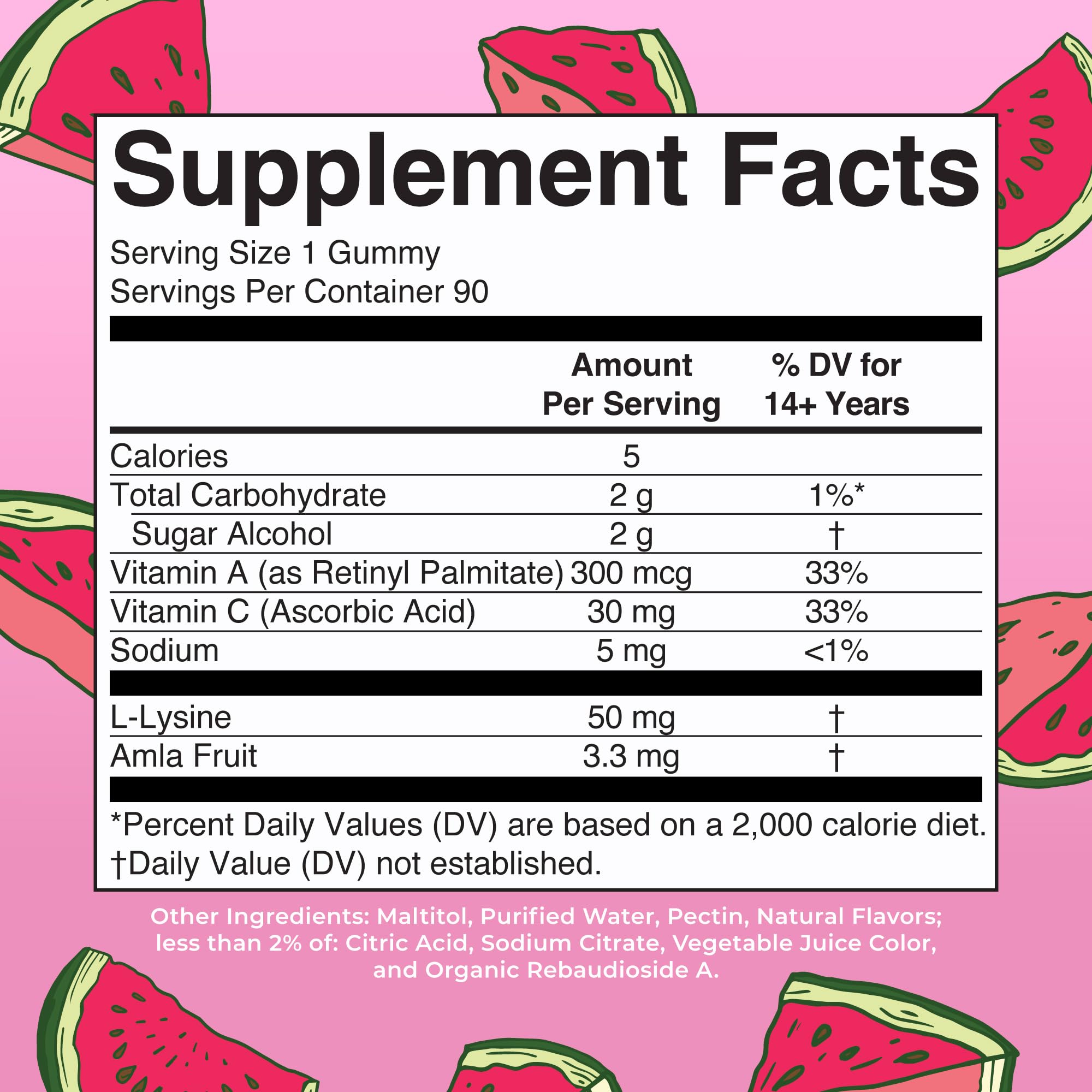 MARYRUTH'S collagen boosting gummies ingredients close-up featuring lysine, amla, and vitamins