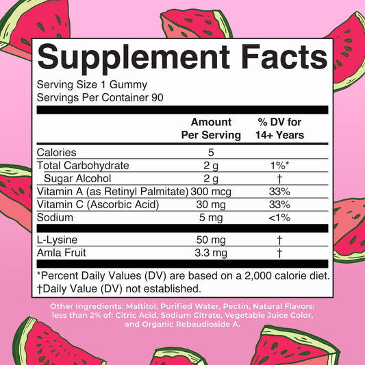 MARYRUTH'S collagen boosting gummies ingredients close-up featuring lysine, amla, and vitamins
