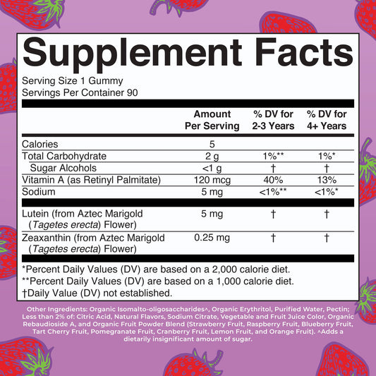 Close-up of strawberry-flavored gummies for kids and adults.