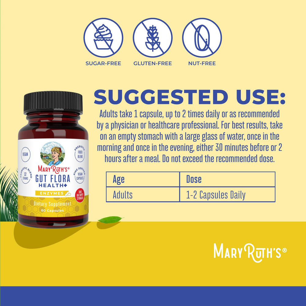 Front label of MaryRuth's Gut Flora Health+ Enzymes with product details