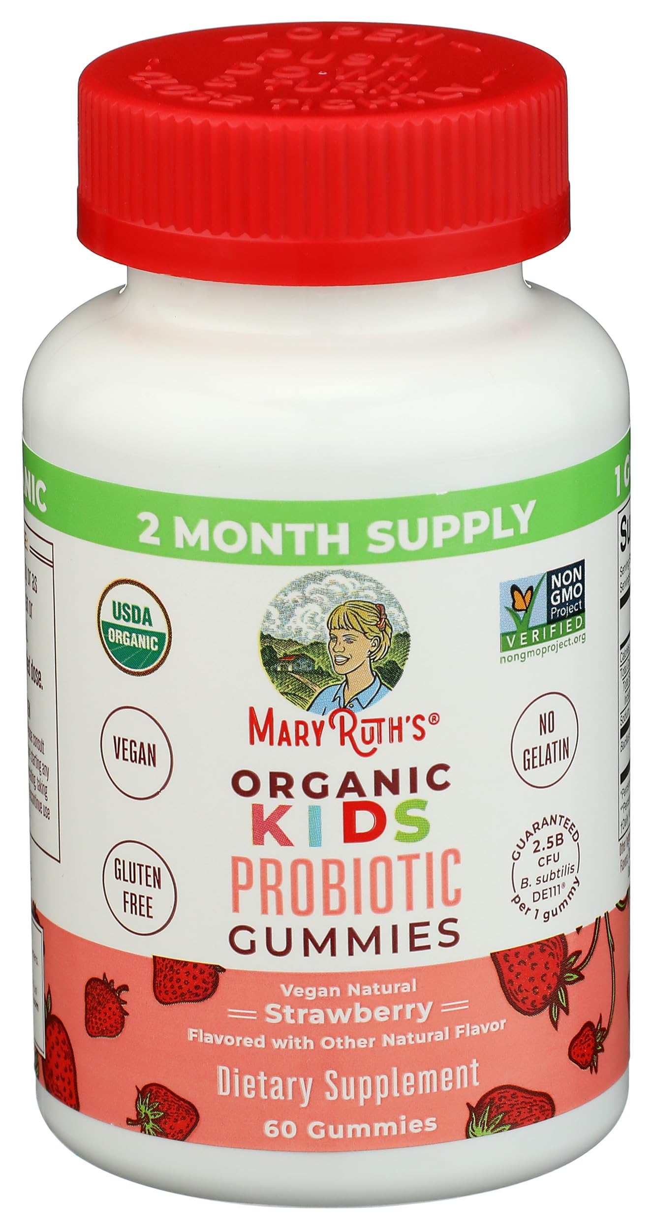 MaryRuth's Kids Probiotic Gummies bottle with strawberry flavor for daily use.