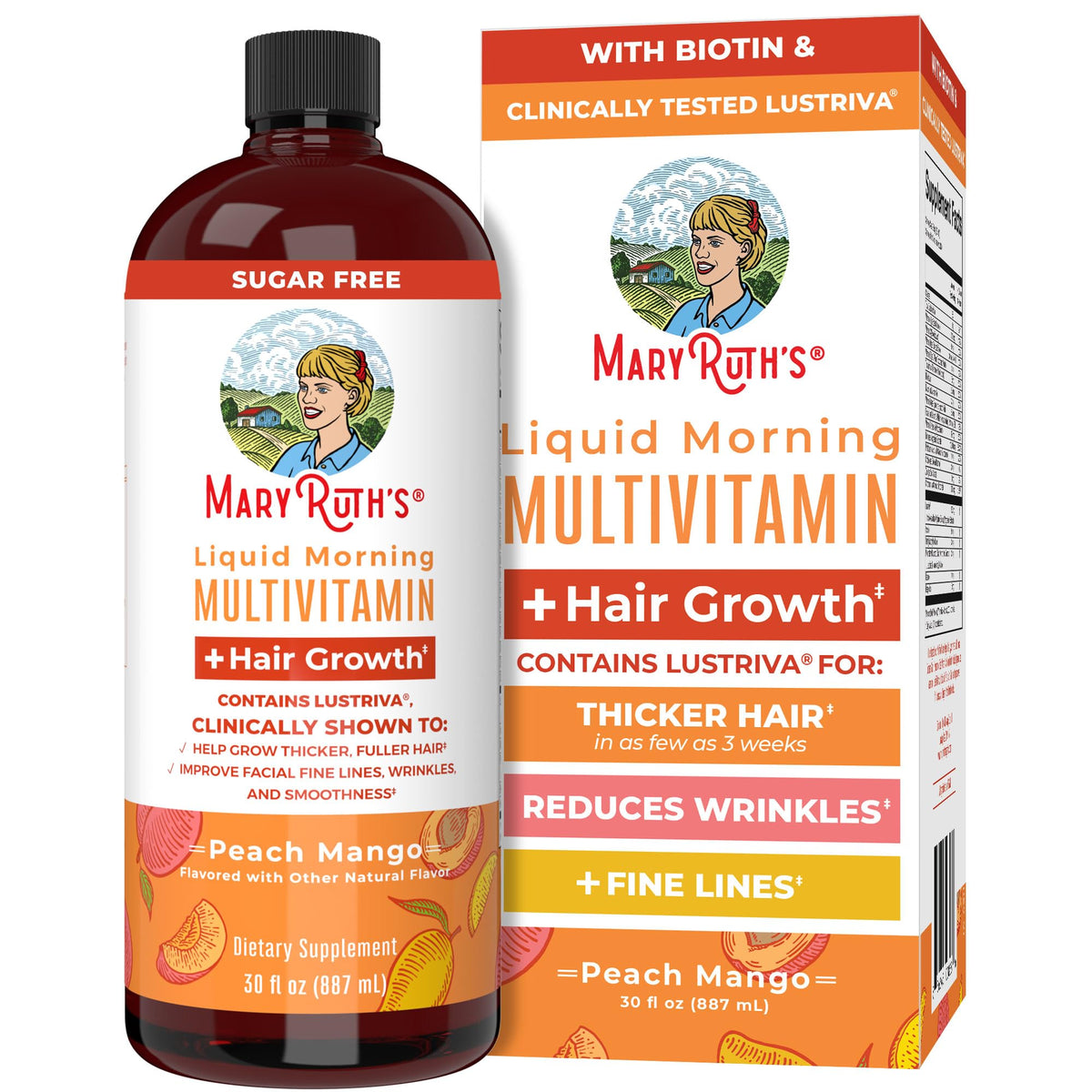 MARYRUTH'S liquid multivitamin bottle supports hair growth as part of daily wellness.