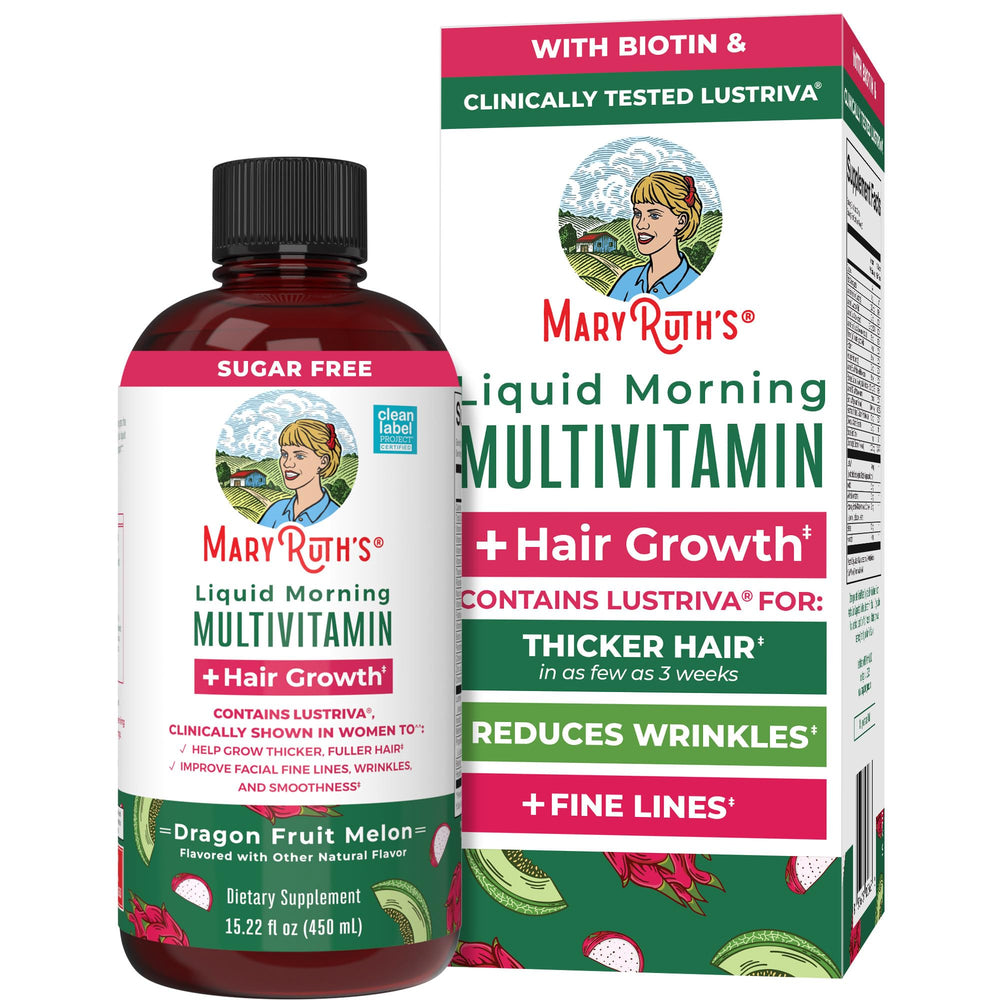 MARYRUTH'S liquid multivitamin bottle showcases hair growth imagery for daily wellness.