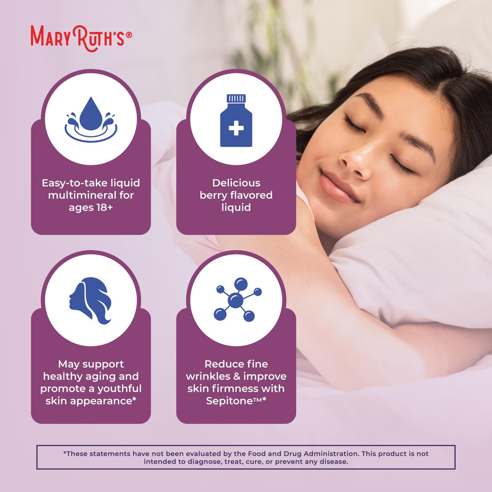 MaryRuth's liquid multivitamin label close-up illustrating convenient liquid format