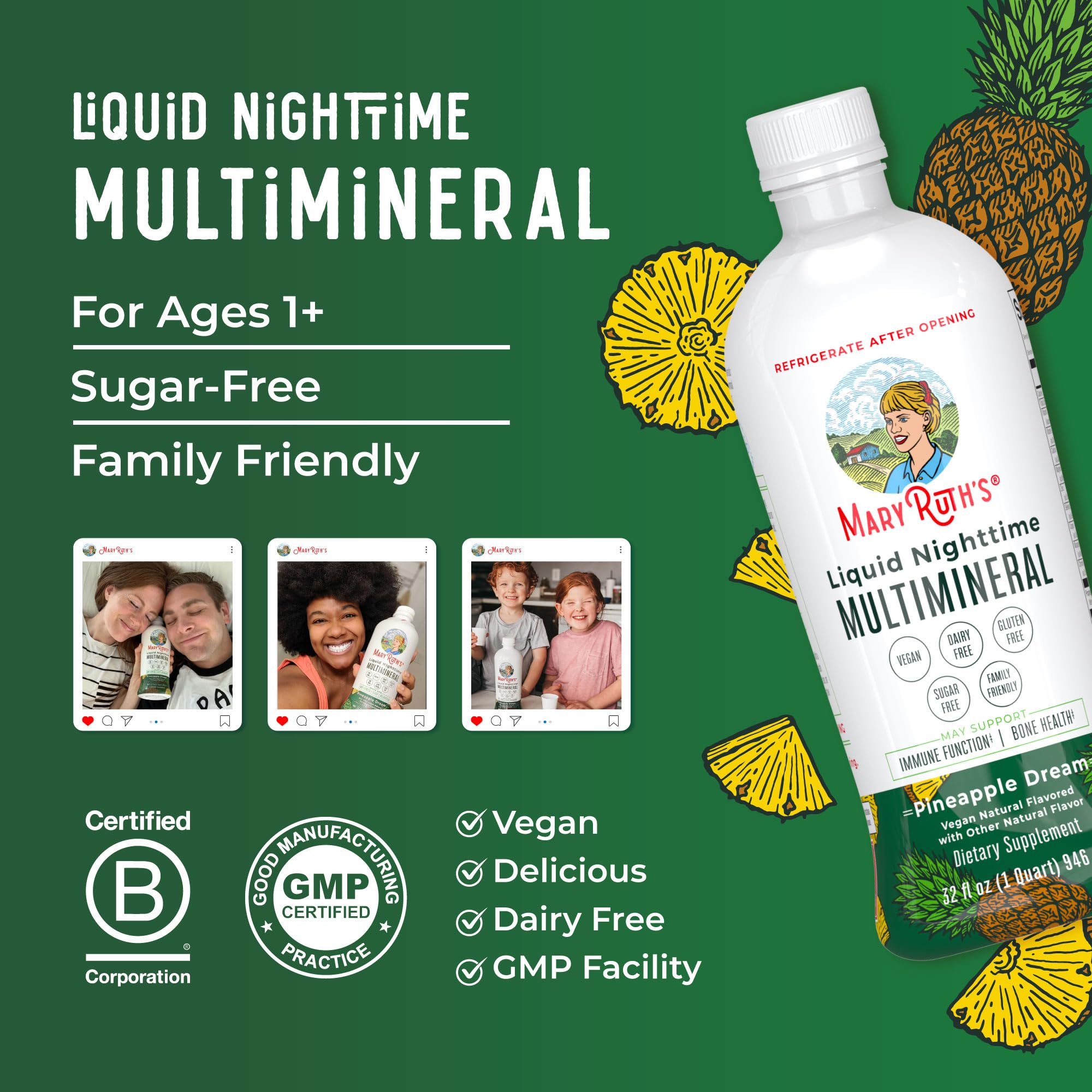 MaryRuth's Nighttime Multimineral ingredients panel close-up showing minerals and D3