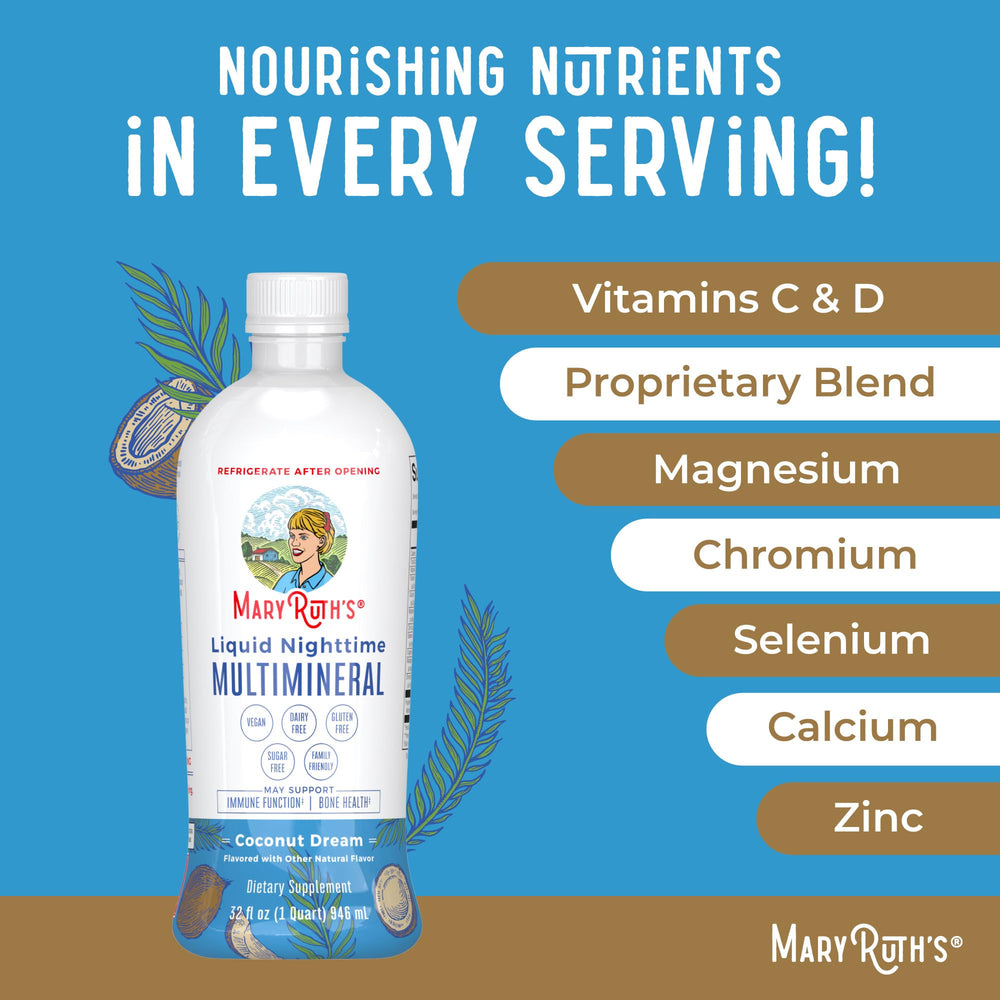 MaryRuth's Nighttime Multimineral label highlighting vegan and gluten-free benefits