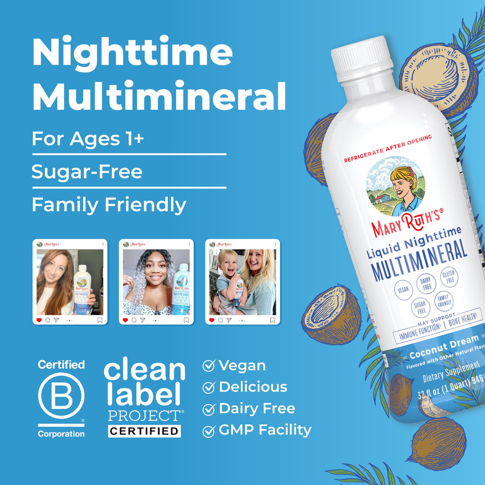 Non-GMO formulation of MaryRuth's Liquid Nighttime Multimineral for peace of mind