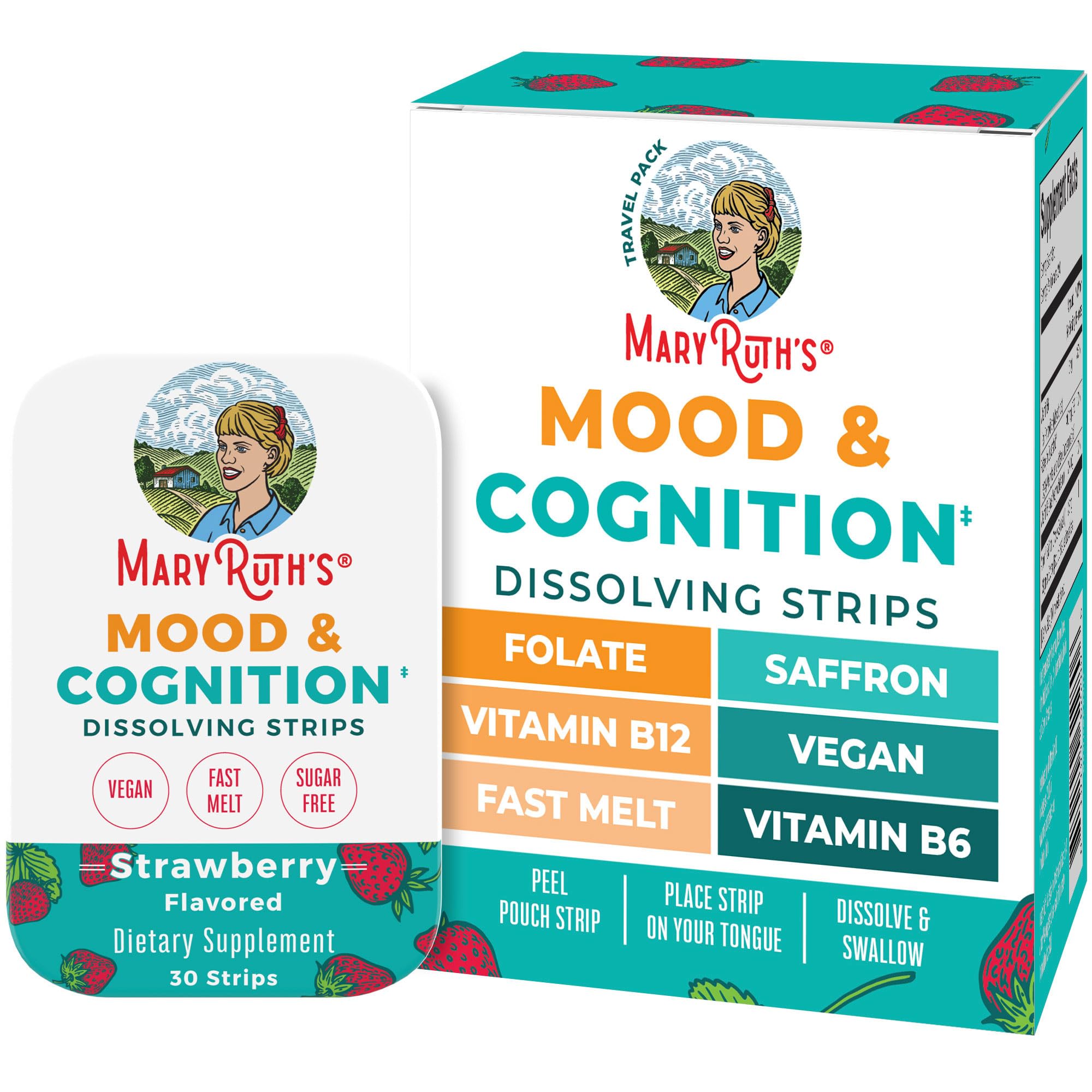 MaryRuth's mood-cognition dissolving strip strawberry tin front for on-the-go mood and cognitive support.