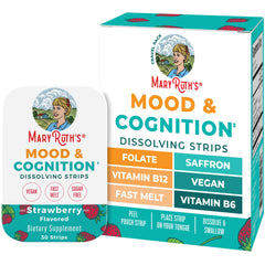 MaryRuth's mood-cognition dissolving strip strawberry tin front for on-the-go mood and cognitive support.